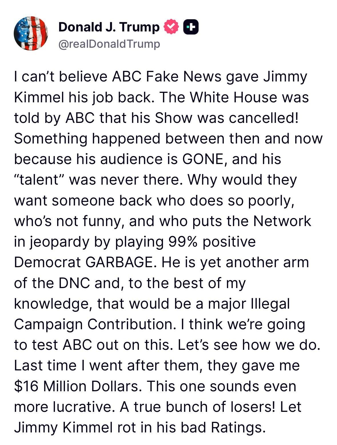 Jimmy Kimmel Live復播,特朗普有發文抨擊。